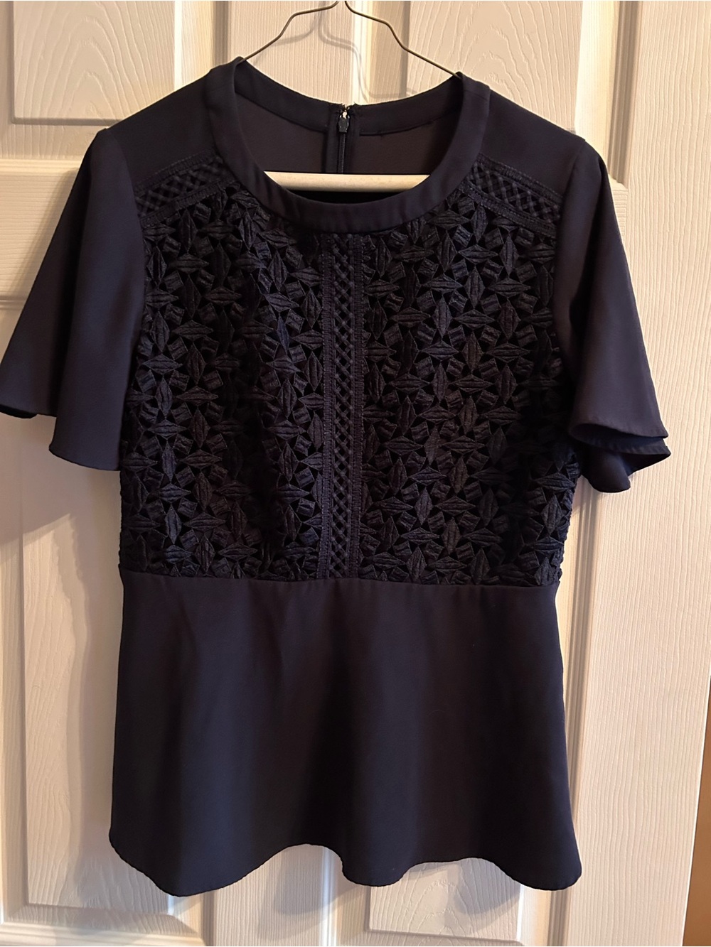 Ann Taylor Navy Short-Sleeve Lace Detail Peplum Dress